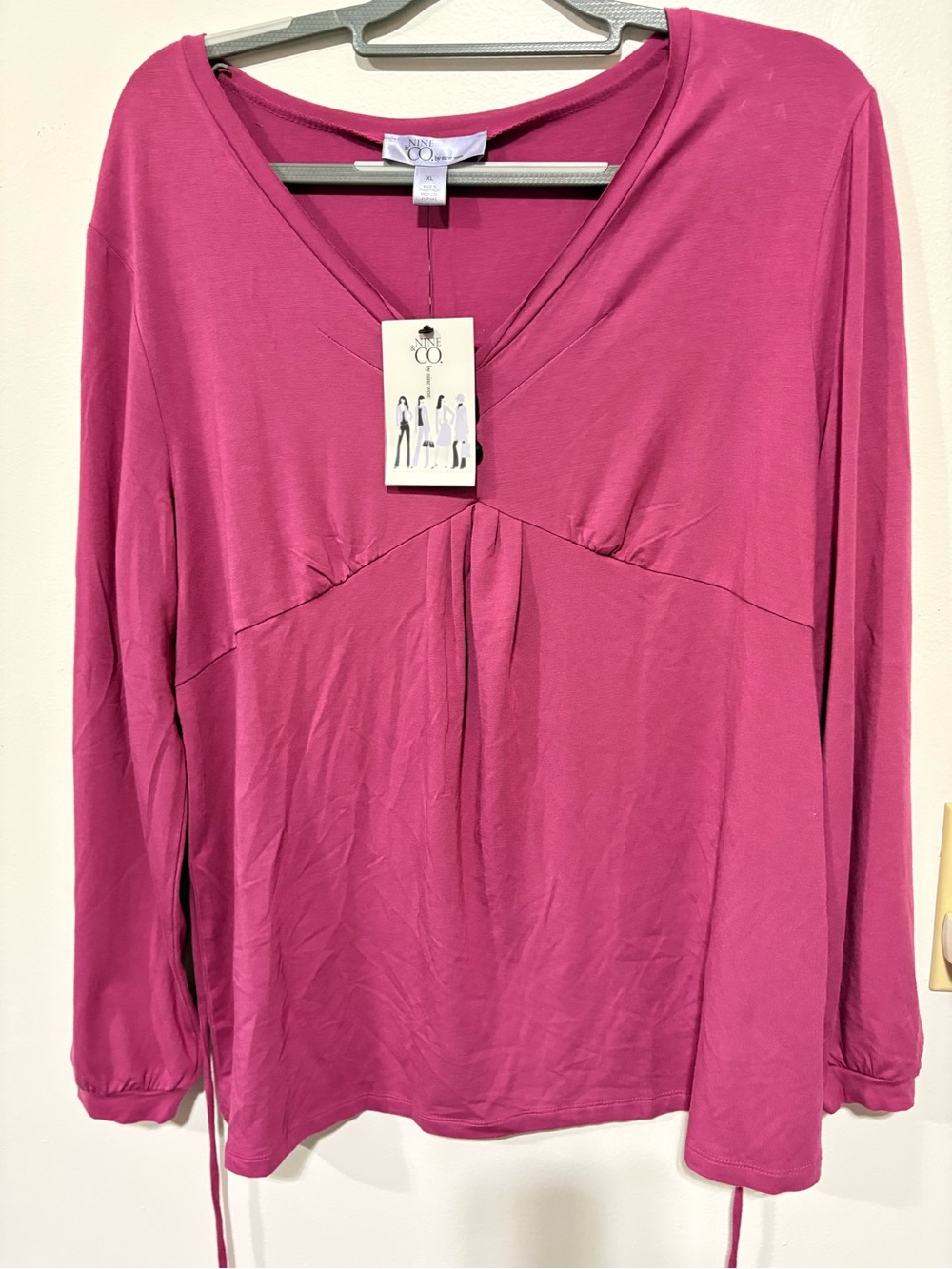 Nine & Co. Long Sleeve V-Neck Top in Raspberry Pink